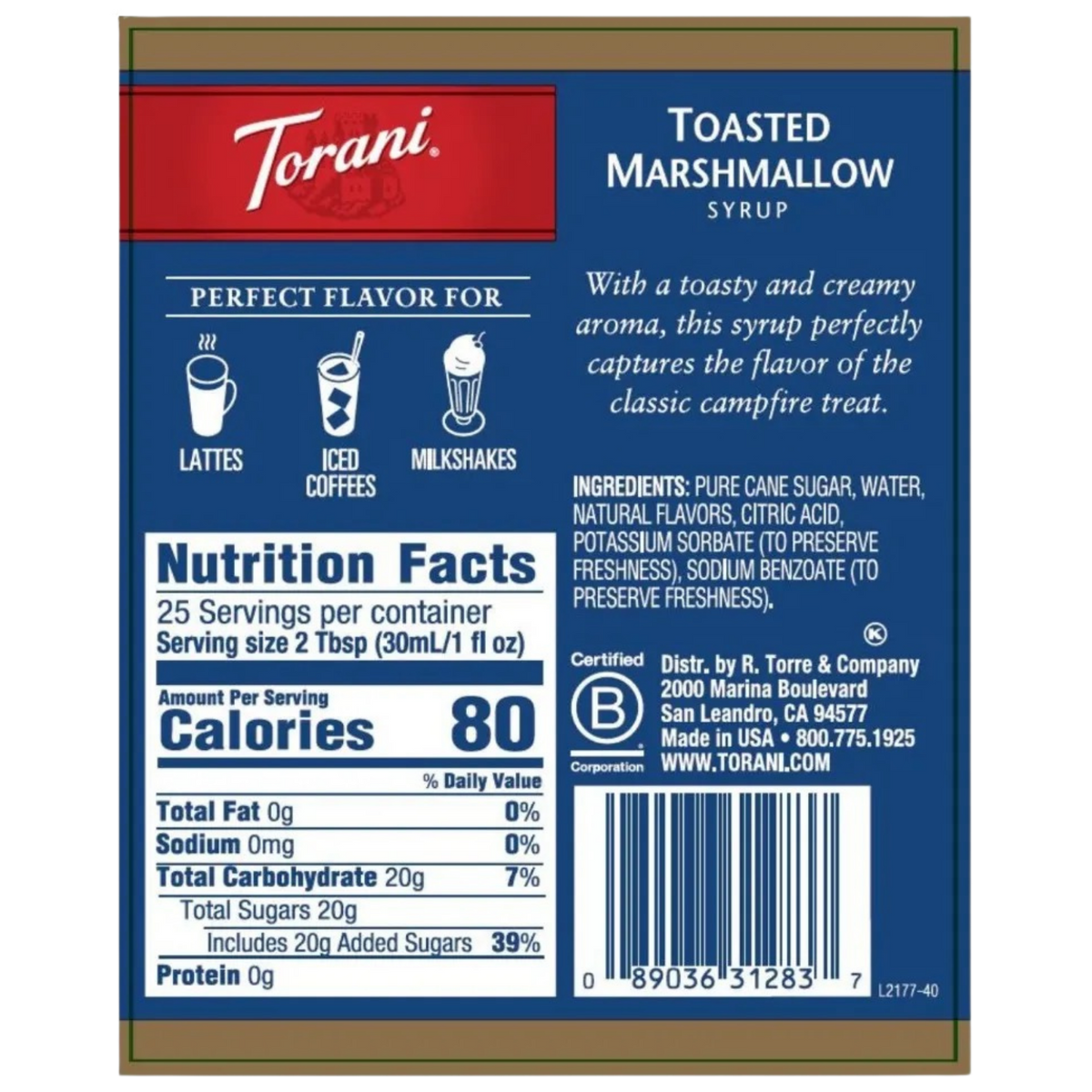 Torani Syrup Glass Bottle - Toasted Marshmallow (750ml)