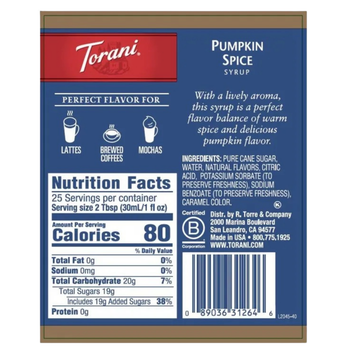 Torani Syrup Glass Bottle - Pumpkin Spice (750ml)