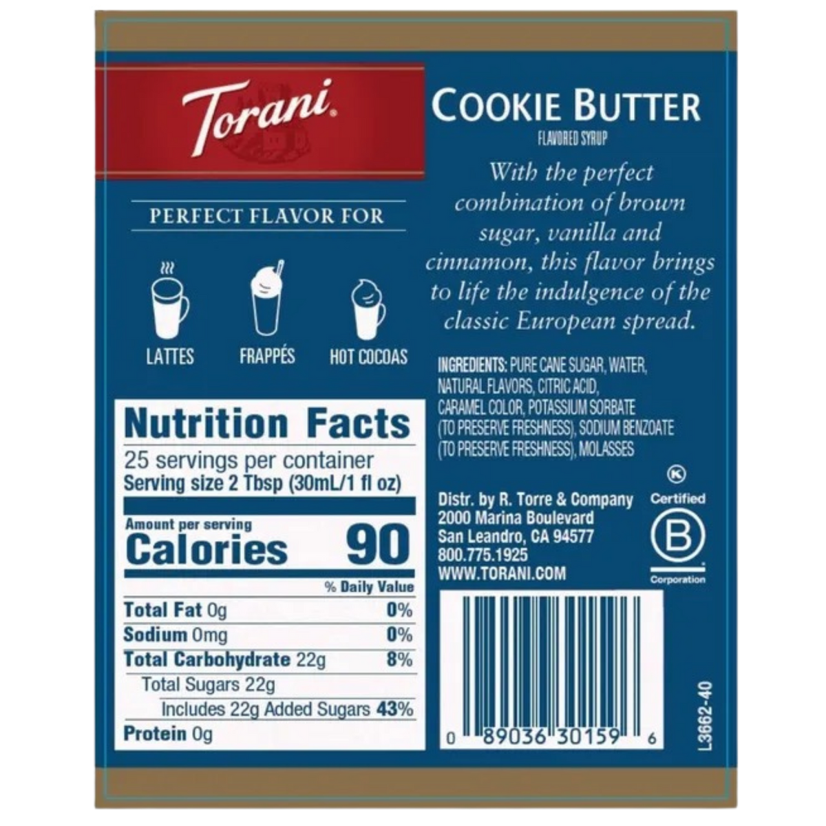 Torani Syrup Glass Bottle  - Cookie Butter (750ml)